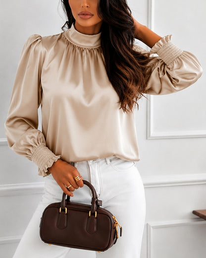 Women's Satin Blouse Mock Neck Puff Sleeve Shirt Back Tie Bow Elegant Ruched Shirt Shirred Frill Cuff Work Top