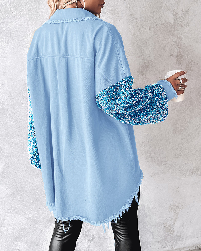 Casual Jacket Sequin Patchwork Long Sleeve Jacket Top Button Front Raw Hem Oversized Denim Shacket