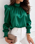 Women's Satin Blouse Mock Neck Puff Sleeve Shirt Back Tie Bow Elegant Ruched Shirt Shirred Frill Cuff Work Top