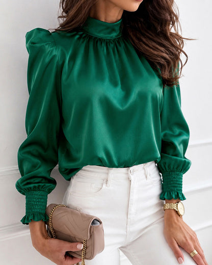 Women's Satin Blouse Mock Neck Puff Sleeve Shirt Back Tie Bow Elegant Ruched Shirt Shirred Frill Cuff Work Top