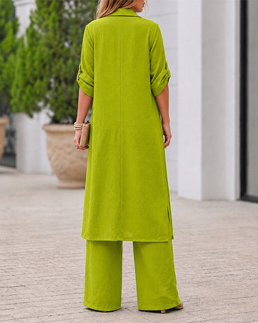 Women's 2 Piece Outfit Lapel Button Down Side Slit Longline Top and High Waisted Straight Leg Pants Set
