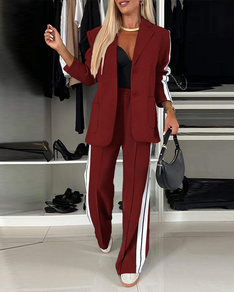 2 Pieces Outfit Notched Collar Single Breasted Pockets Design Coat and Elastic Waist Seam Front Wide Leg Pants Set Casual Contrast Side Striped Blazer Set