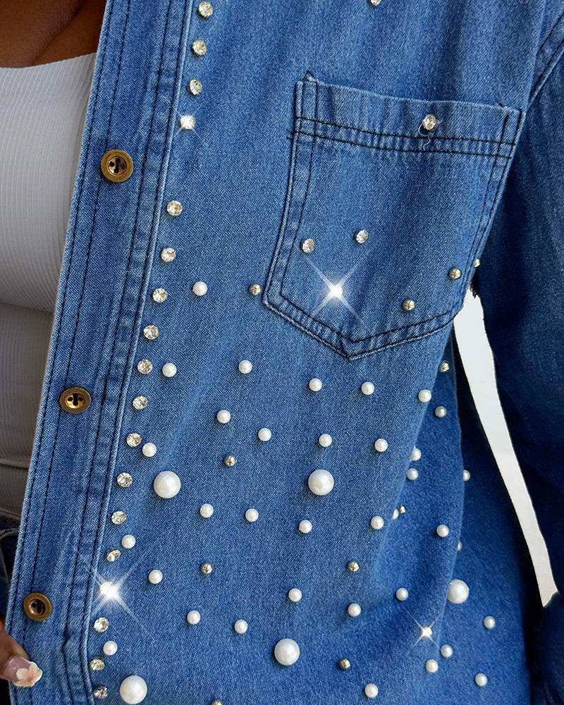 Pearls & Rhinestone Decor Turn-down Collar Button Front Denim Shirt Coat Casual Top