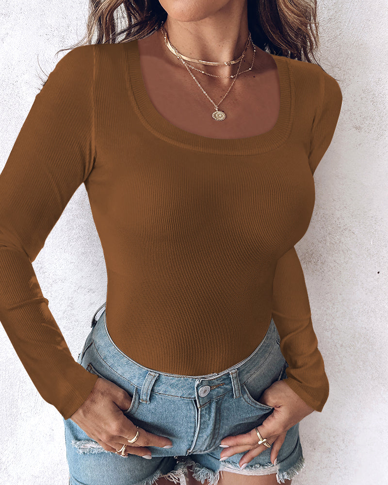 ChicMe Built-in Bra U-Neck Long Sleeve Ribbed Top