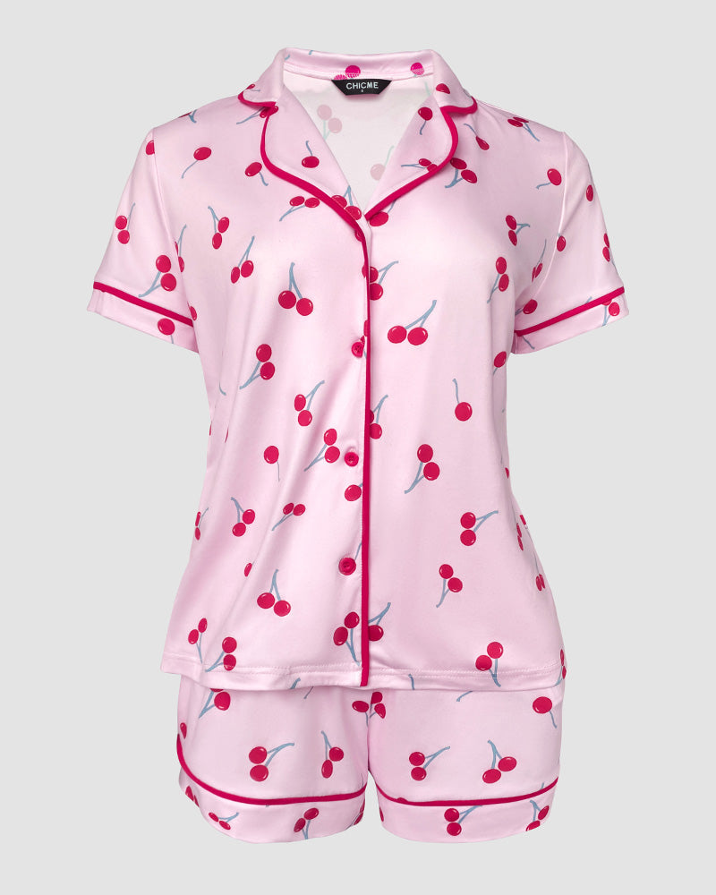 2 Pieces Outfit Notched Collar Short Sleeve Button Front Top and Elastic Waist Shorts Set Casual Cherry Print Contrast Piping Pajamas Set