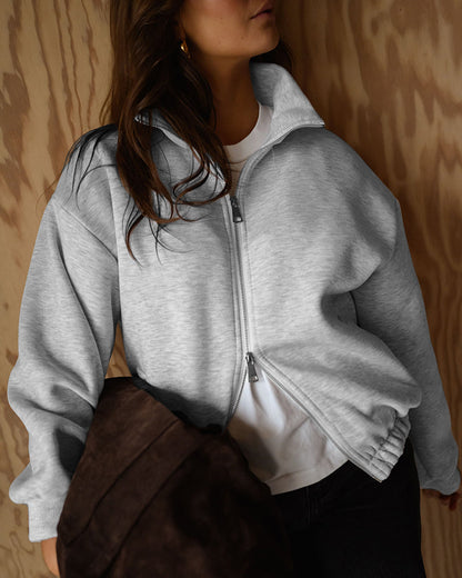 Women's Two-Way Zipper Front Stretchy Hem Coat Stand Collar Drop Shoulder Sweatshirt with Pockets