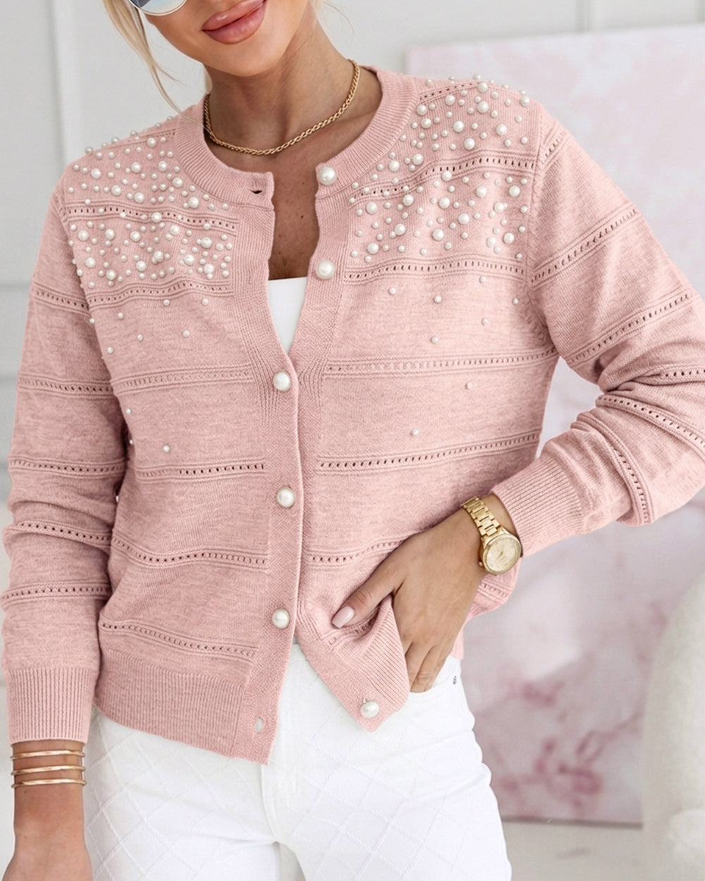 CHICMELIVE Womens Pearl Beaded Knit Cardigan Long Sleeve Cropped Sweater