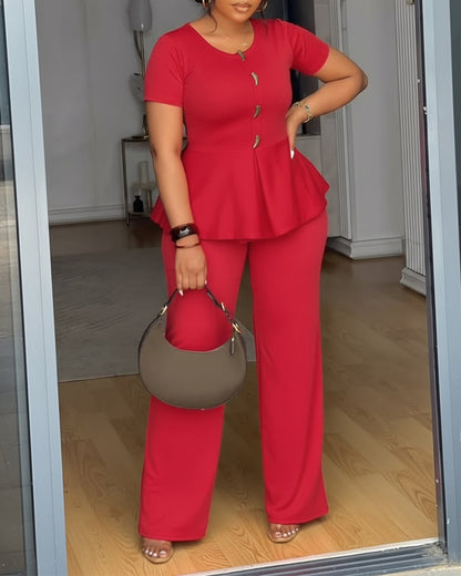 Toggle Button Decor Round Neck Peplum Waist Overalls Casual Zipper Back Wide Leg Jumpsuit