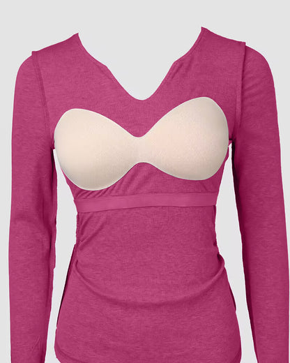 ChicMe Built-in Bra Notch Neck Long Sleeve Shirts Rib-Knit Ruched Waist Top