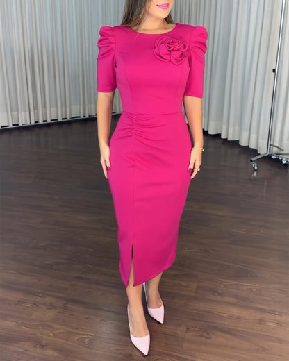 3D Flower Decor Round Neck Puff Sleeve Bodycon Dress Casual Ruched Slit Zipper Back Work Dress