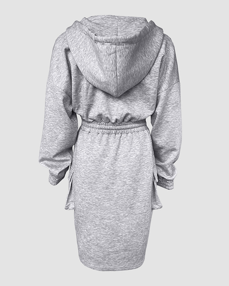 Overlap V-Neck Drop Shoulder Cinched Waist Drawstring Hoodie Dress Casual Flap Cargo Pockets Design Drawstring Elastic Waist Midi Dress