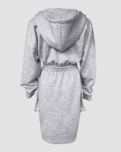 Overlap V-Neck Drop Shoulder Cinched Waist Drawstring Hoodie Dress Casual Flap Cargo Pockets Design Drawstring Elastic Waist Midi Dress