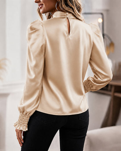 Women's Satin Blouse Mock Neck Puff Sleeve Shirt Back Tie Bow Elegant Ruched Shirt Shirred Frill Cuff Work Top
