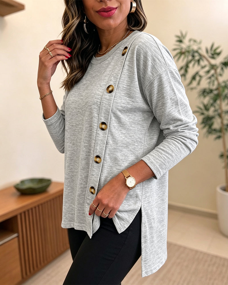 CHICMELIVE Womens Long Sleeve Tops with Buttons Dressy Casual Crewneck Shirts
