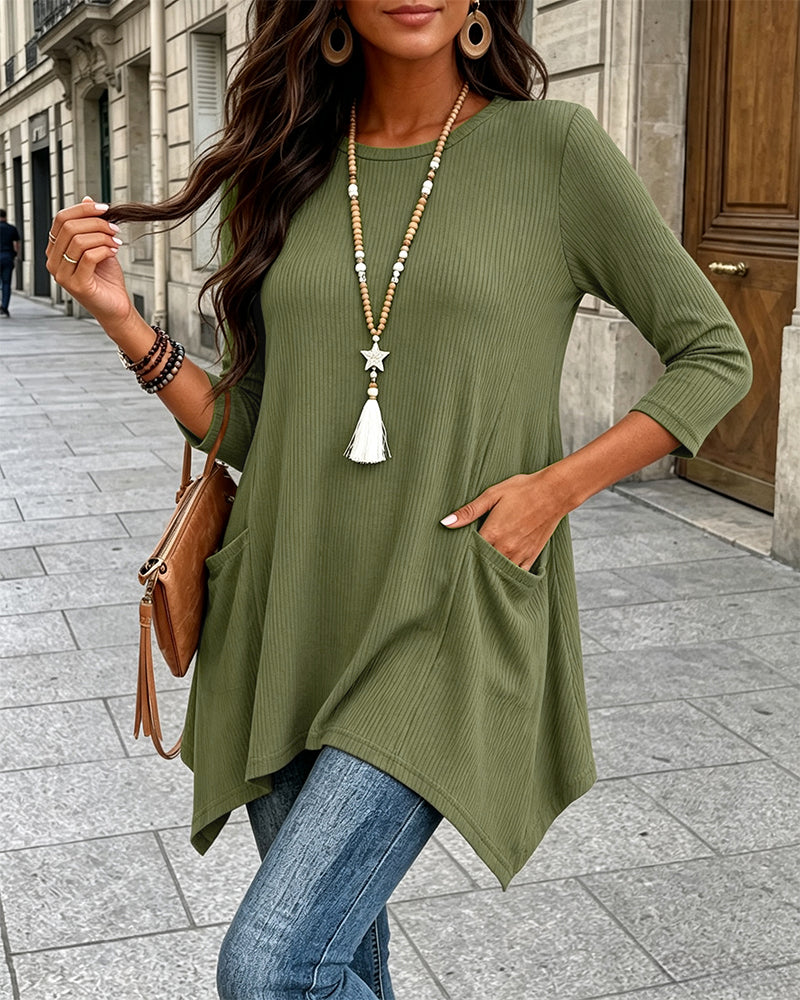 CHICMELIVE Womens 3/4 Sleeve Ribbed Tunic Asymmetrical Hem Loose Top