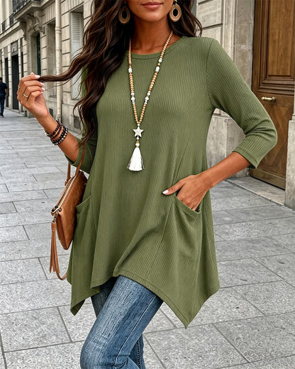 CHICMELIVE Womens 3/4 Sleeve Ribbed Tunic Asymmetrical Hem Loose Top
