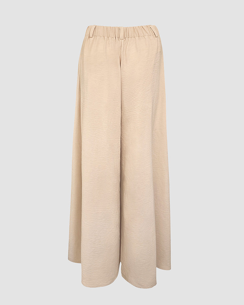Skew Neck Lantern Sleeve Loose Top & Zipper Fly Wide Leg Pants Set without Belt