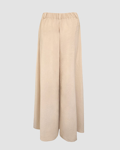 Skew Neck Lantern Sleeve Loose Top & Zipper Fly Wide Leg Pants Set without Belt