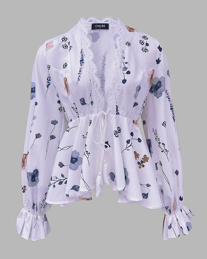 Floral Print Deep V-Neck Lantern Sleeve Casual Contrast Lace Tied Detail Blouse