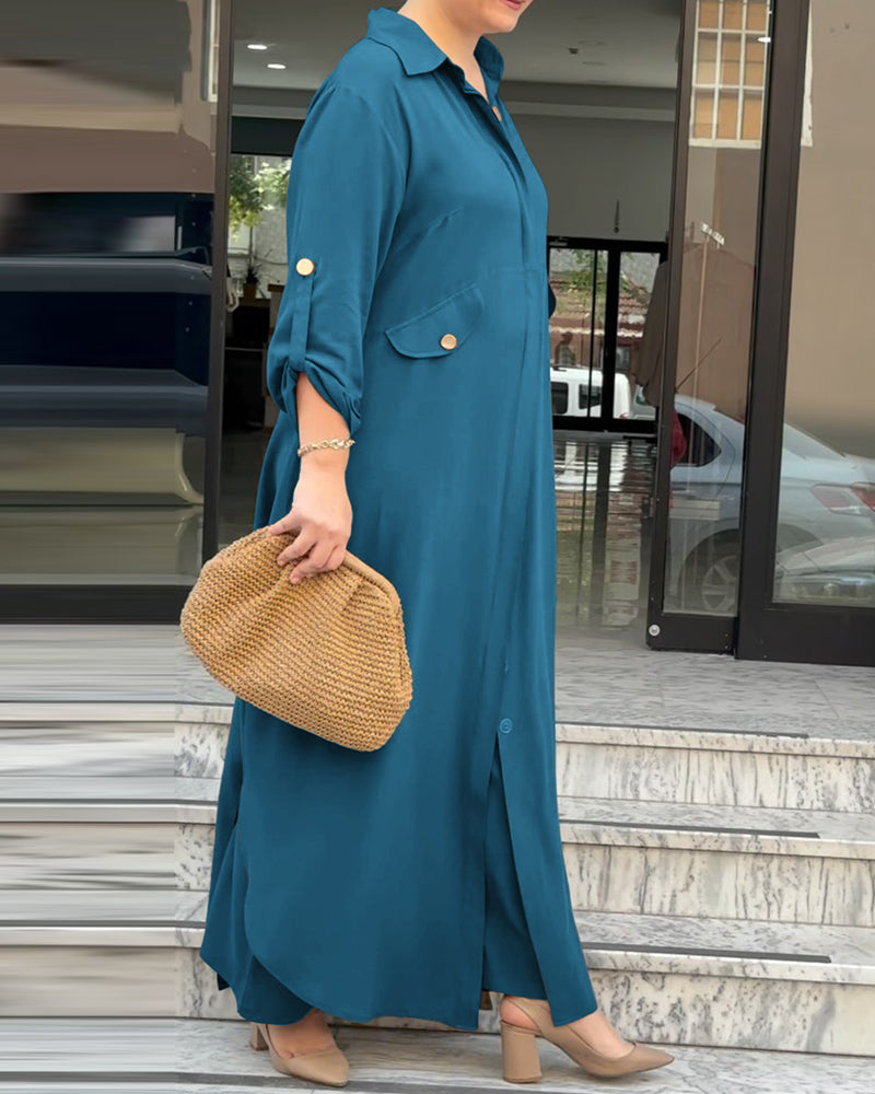 2 Pieces Outfit Turn-down Collar Turn-Up Sleeves Button Front Asymmetrical Hem Longline Blouse and Casual Elastic Waist Wide Leg Pants Set