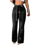 CHICMELIVE High Waisted Wide Leg Jeans for Women Rhinestone Embellished Denim Pants with Matching Sparkle Belt
