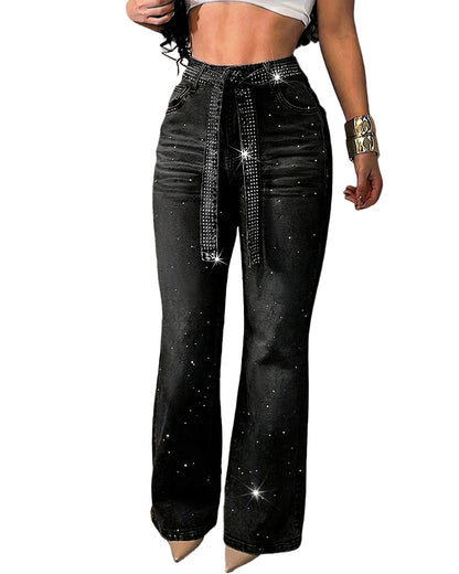CHICMELIVE High Waisted Wide Leg Jeans for Women Rhinestone Embellished Denim Pants with Matching Sparkle Belt