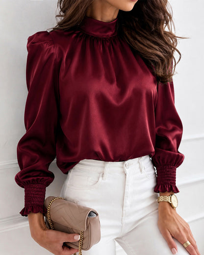 Women's Satin Blouse Mock Neck Puff Sleeve Shirt Back Tie Bow Elegant Ruched Shirt Shirred Frill Cuff Work Top