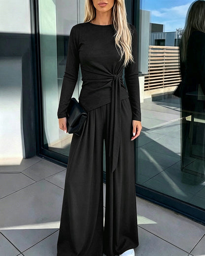 Women's 2 Piece Knit Lounge Set Long Sleeve Tie Waist Top and High Waisted Wide Leg Pants Casual Soft Sweatsuit with Pockets