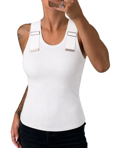 CHICMELIVE Women's Buckle Decor Ribbed Tank Tops Cami Shirts