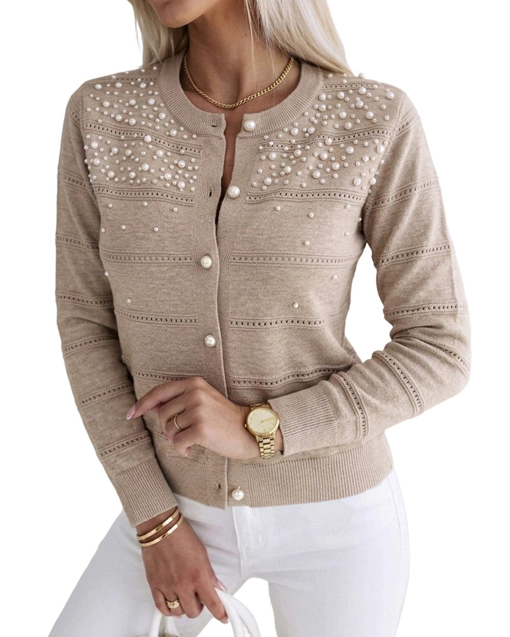 CHICMELIVE Womens Pearl Beaded Knit Cardigan Long Sleeve Cropped Sweater