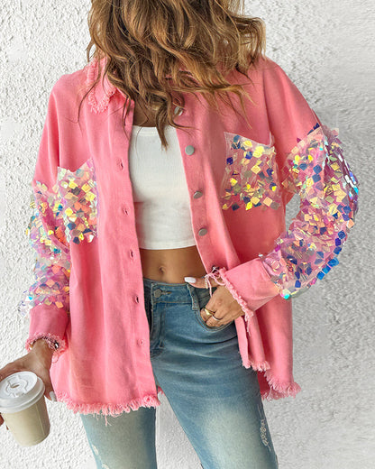 Contrast Sequin Long Sleeve Jacket Top Button Front Raw Hem Loose Fit Shacket