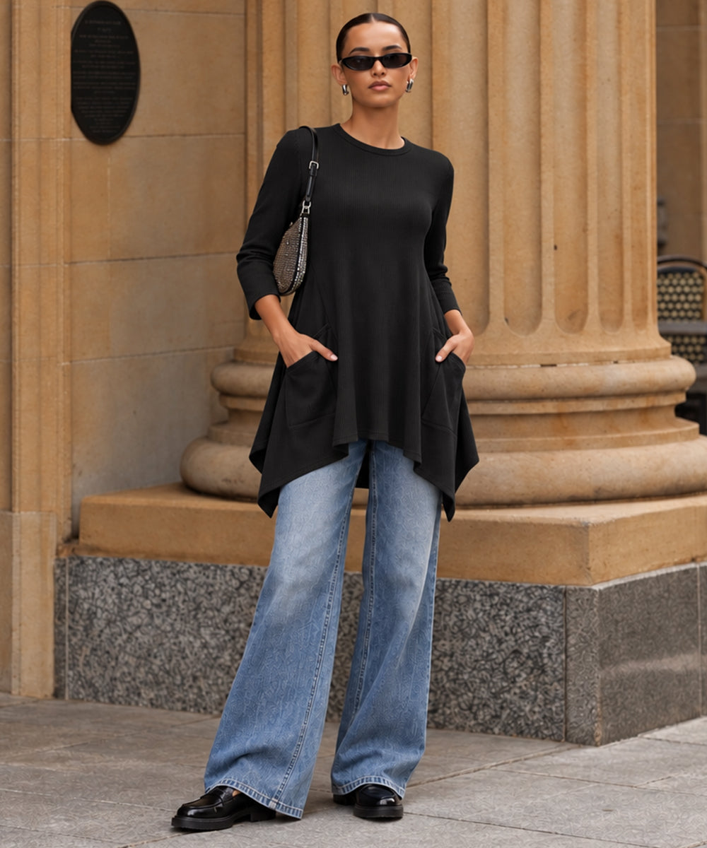 CHICMELIVE Womens 3/4 Sleeve Ribbed Tunic Asymmetrical Hem Loose Top