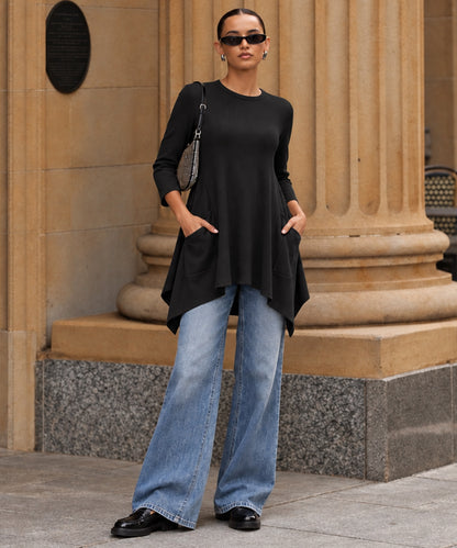 CHICMELIVE Womens 3/4 Sleeve Ribbed Tunic Asymmetrical Hem Loose Top