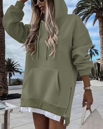 Long Sleeve Pocket Design Pullover Sweatshirt Casual Faux Two Piece Longline Drawstring Hooded Top