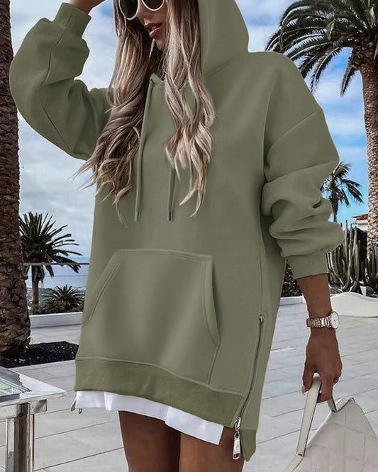 Long Sleeve Pocket Design Pullover Sweatshirt Casual Faux Two Piece Longline Drawstring Hooded Top