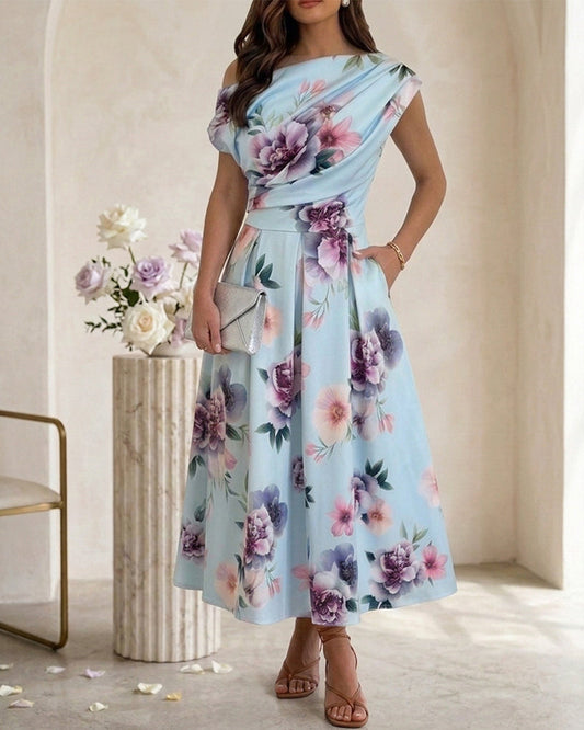 Women's Skew Neck Midi Dress Elegant Ruched Floral A-Line Dress High Waisted Vacation Dress with Pockets