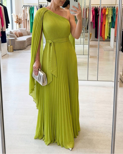 CHICME Women's One-Shoulder Pleated Maxi Dress Asymmetric Draped Cape Sleeve Twist Front Party Dress Elegant High-Waist Evening Dress