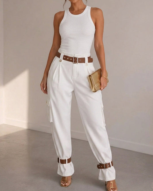 Women's Pockets Design Cargo Pants Casual High Waisted Trousers with Contrast Belt