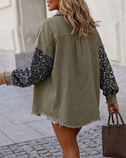 Women's Sequin Patchwork Denim Jacket Raw Hem Button Down Coat Long Sleeve Shacket with Pockets