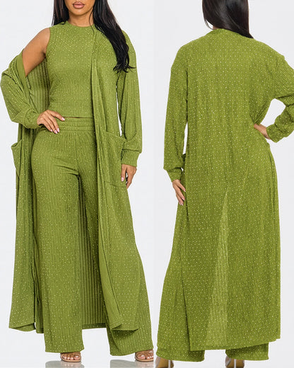 3 Pieces Outfits Cozy Comfort Glitter Long Sleeve Longline Coat and Cropped Ribbed Knit Tank Wide Leg Pants Set