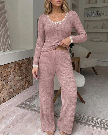 Women's 2 Piece Ribbed Lounge Sets Lace Trim Long Sleeve Top and High Waisted Pants Pajamas Sets with Pockets