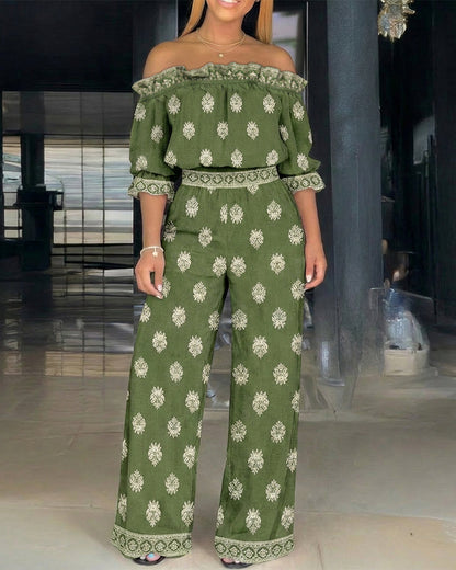 2 Pieces Outfit Stretchy Off Shoulder Half Sleeve Flared Cuffs Stretchy Hem Top and High Waist Elastic Back Waist Wide Leg Pants Set Casual Vintage Print Vacation Set