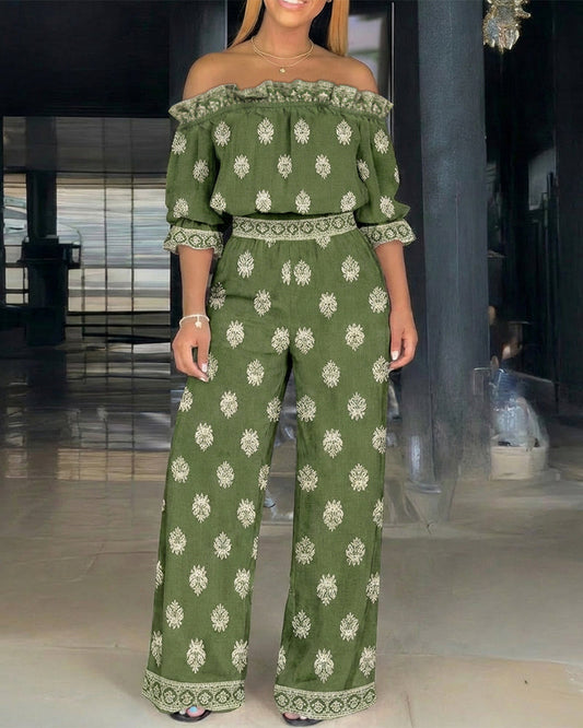 2 Pieces Outfit Stretchy Off Shoulder Half Sleeve Flared Cuffs Stretchy Hem Top and High Waist Elastic Back Waist Wide Leg Pants Set Casual Vintage Print Vacation Set
