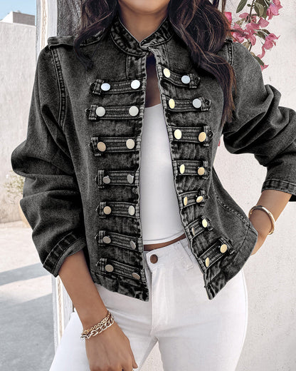 Button Decor Stand Collar Long Sleeve Jacket Casual Denim Coat