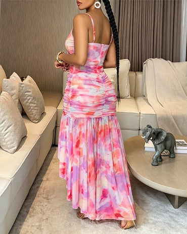 Women’s Tie Dye Mesh Cami Dress Square Neck Asymmetric Ruffle Hem Slit Maxi Dress