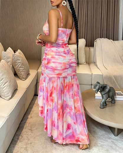 Women’s Tie Dye Mesh Cami Dress Square Neck Asymmetric Ruffle Hem Slit Maxi Dress