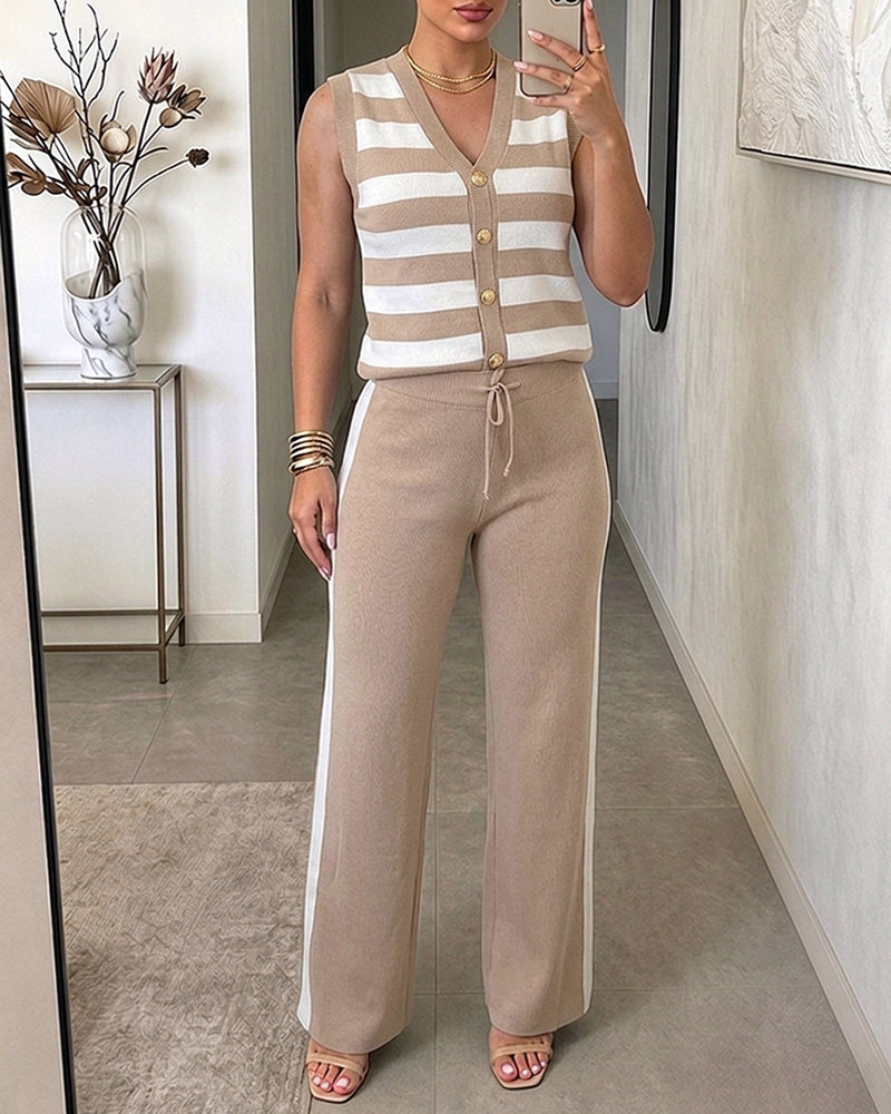 Women's 2 Piece Knit Outfits Striped V Neck Sleeveless Top and Side Stripe Straight Leg Pants Set Casual Loungewear