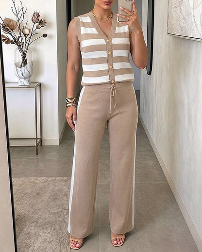Women's 2 Piece Knit Outfits Striped V Neck Sleeveless Top and Side Stripe Straight Leg Pants Set Casual Loungewear