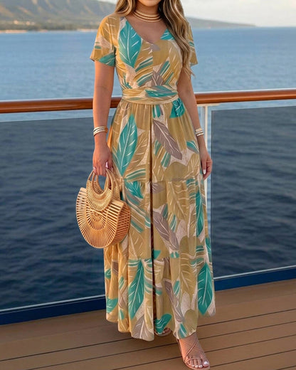 Plants Print V-Neck Short Sleeve Tie Waist Maxi Dress Casual Cinched Waist Ruffle Hem Vacation Dress