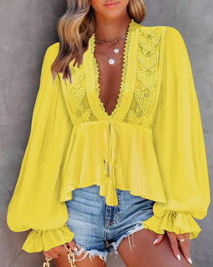 Butterfly Pattern Decor Deep V Neck Long Sleeve Blouse Casual Tie Front Flared Cuffs Lace Trim A-Line Hem Top